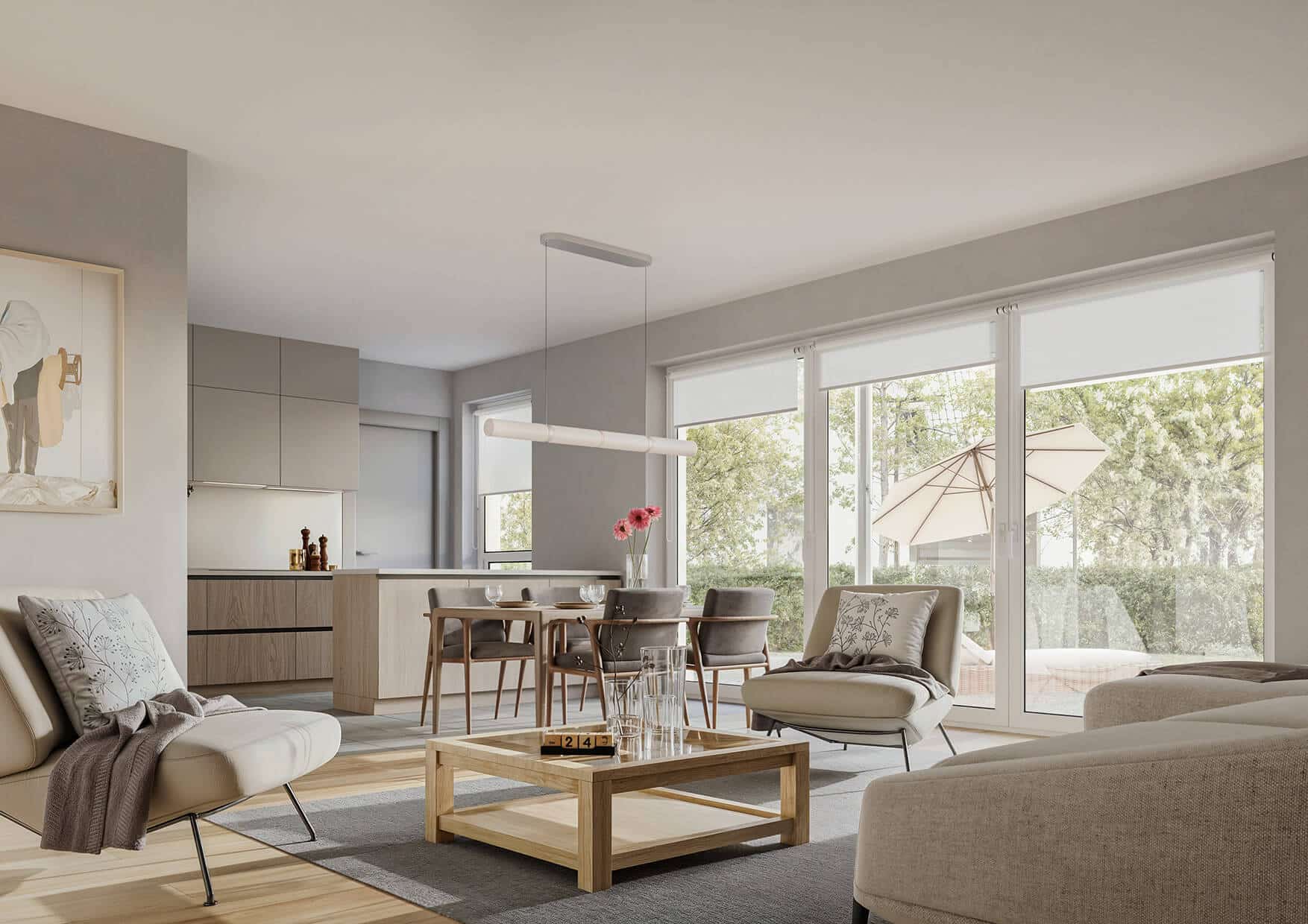Unverbindliche Visualisierung – Koch-Wohnbereich Wohnung 1 Wohnbereich Wohnung 1 – Neubau Eigentumswohnung in Hilden Grenzstraße
