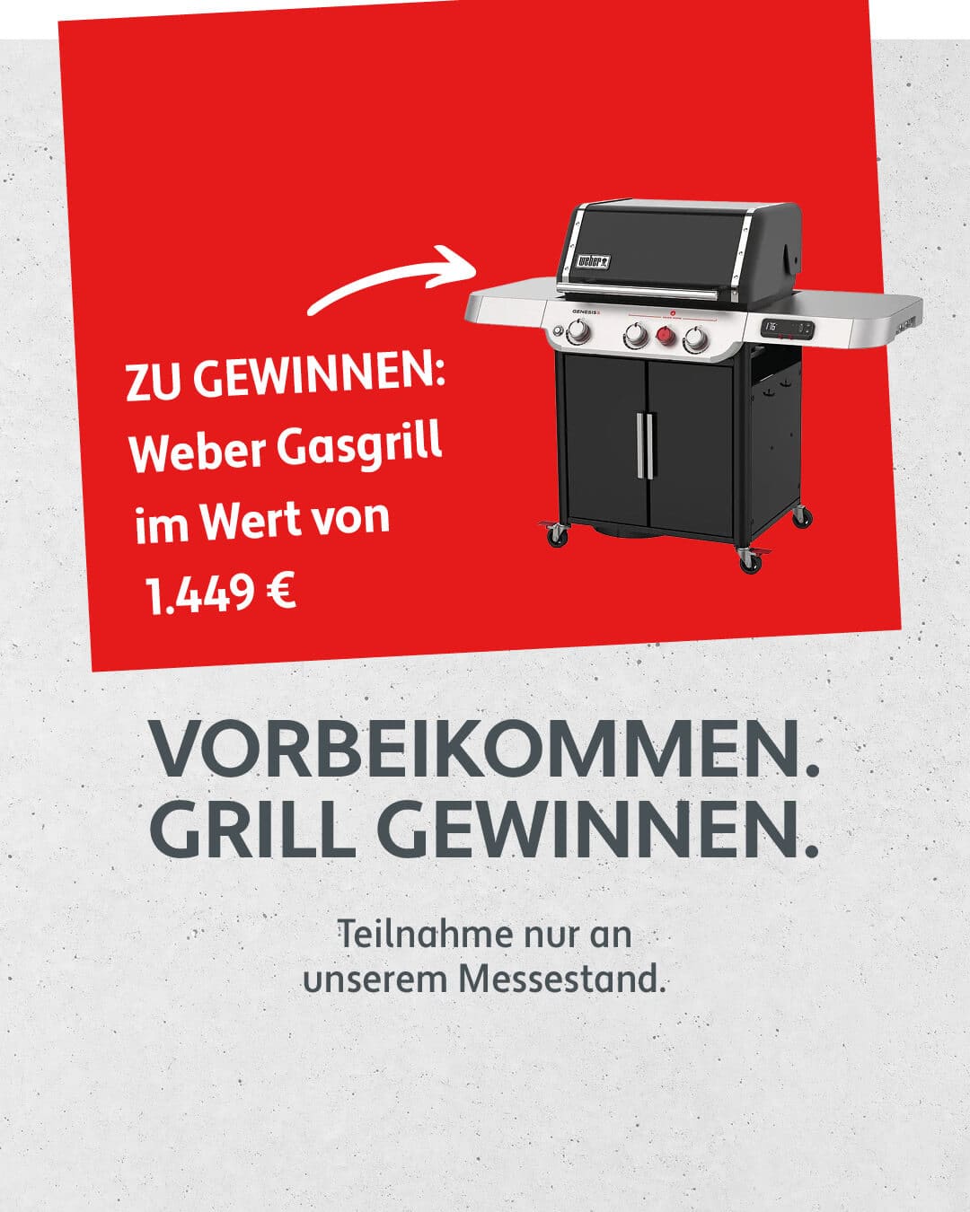 Gewinnspiel beim Immobilientag Monheim Weber Gasgrill als Gewinn beim Gewinnspiel am Messestand auf dem Immobilientag Monheim 2026.