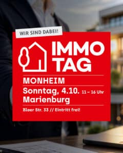 Ankündigung des Immobilientags Monheim 2026 in der Marienburg mit Veranstaltungszeit und Adresse.