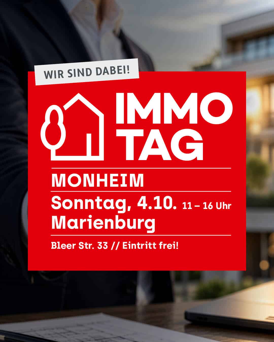 Immobilientag Monheim 2026 Ankündigung des Immobilientags Monheim 2026 in der Marienburg mit Veranstaltungszeit und Adresse.