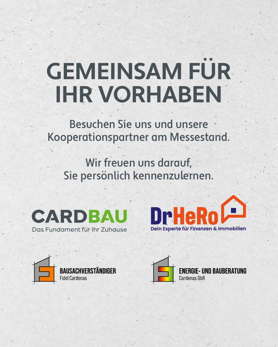 Kooperationspartner beim Immobilientag Logos von CARDBAU, DrHeRo, Bausachverständiger CARDENAS sowie Energie- und Bauberatung CARDENAS zum Immobilientag Monheim.