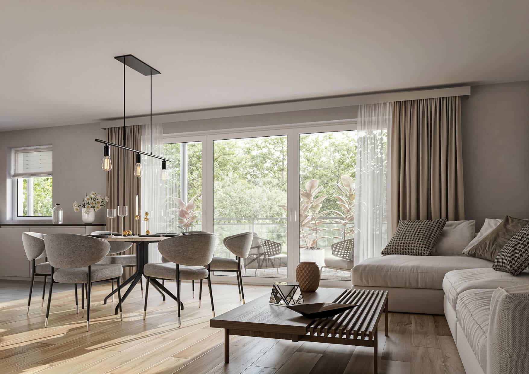 Unverbindliche Visualisierung – Wohnbereich Wohnung 4 Moderner Wohnbereich Wohnung 4 – Neubau Eigentumswohnung Hilden Grenzstraße