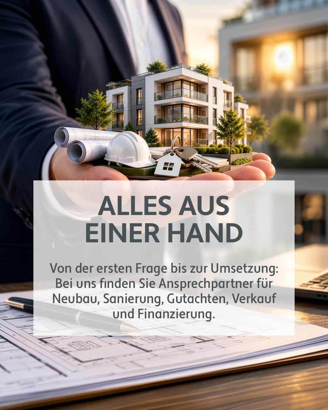 Alles aus einer Hand Illustration eines Neubauprojekts mit Bauplänen, Schutzhelm und Schlüssel zum Thema Neubau, Sanierung, Gutachten, Verkauf und Finanzierung.