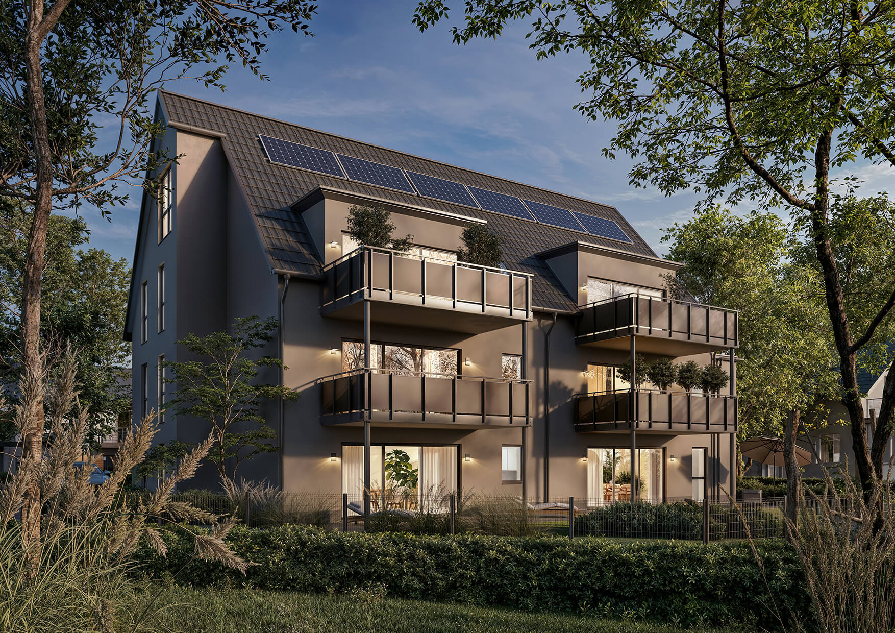 Unverbindliche Visualisierung Neubauprojekt Grenzstraße – Gartenansicht Neubauwohnungen in Hilden – Gartenansicht des Mehrfamilienhauses Grenzstraße